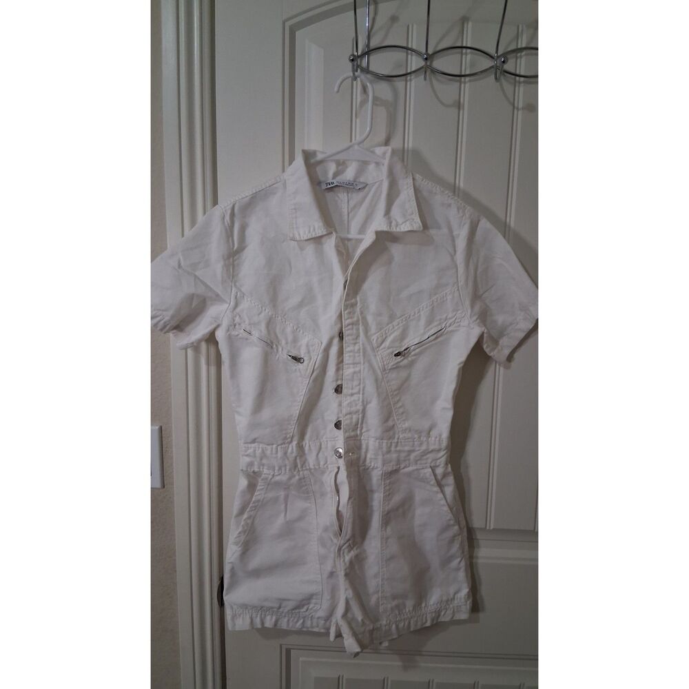 ZARA Women’s White Short Sleeve Utility Romper Jumpsuit Size S Cotton Zip Pocket